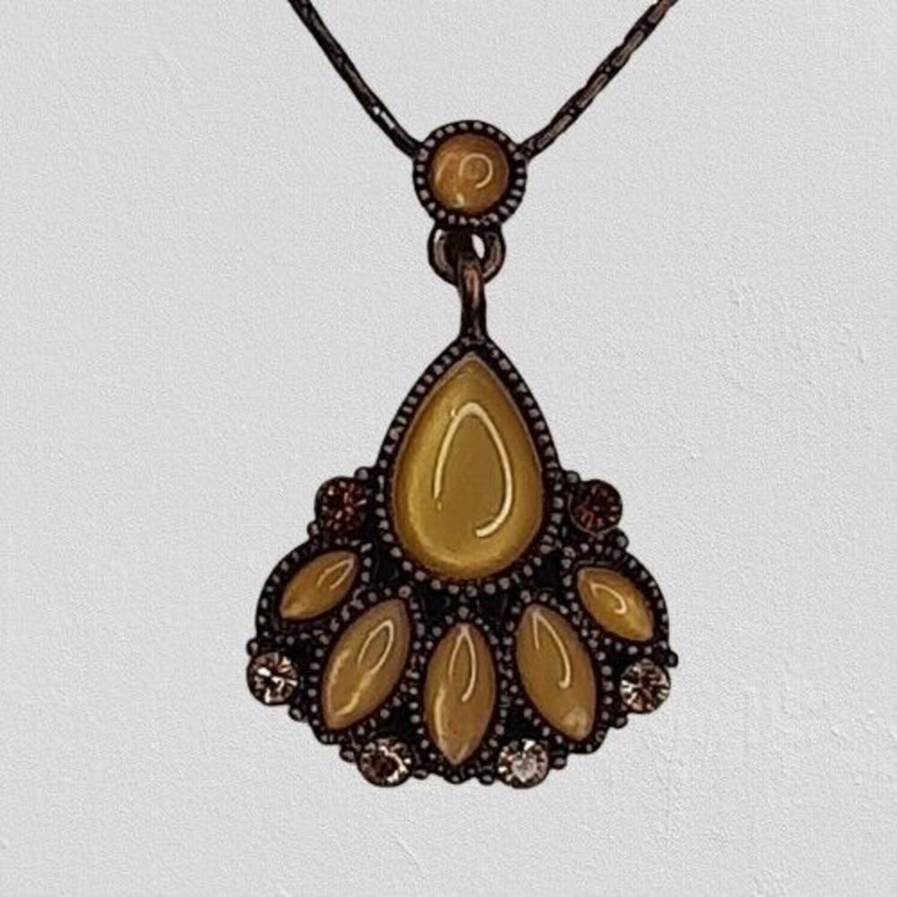 Vtg 1928 Copper Toned Yellow Moon Glow Rhinestone Necklace chain